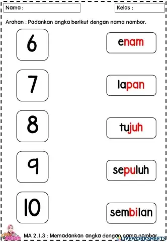 Padankan nombor dengan nama nombor 6 hingga 10