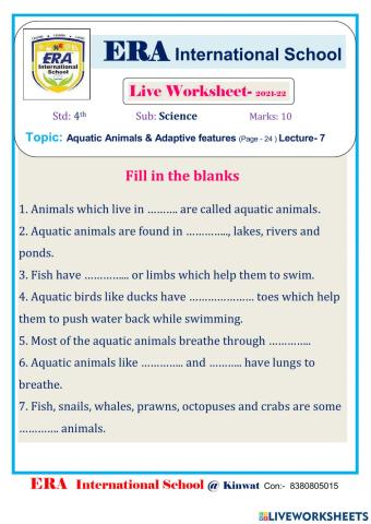Aquatic Animals & Adaptive features  (Page - 24 ) Lecture- 7