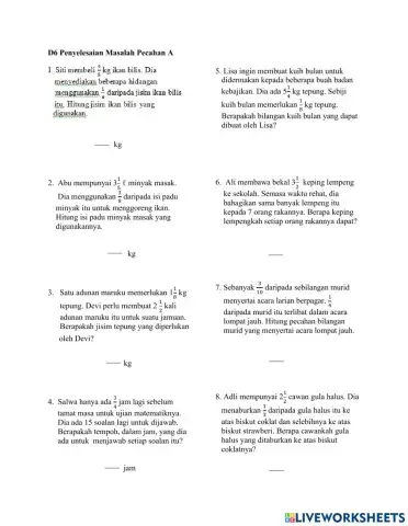 Matematik Tahun 6 : Masalah Pecahan A