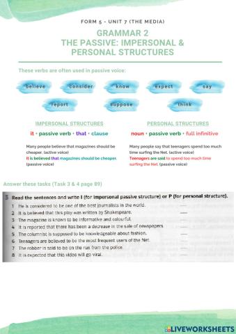 Unit 7 - The Passive (Impersonal - Personal Structures)