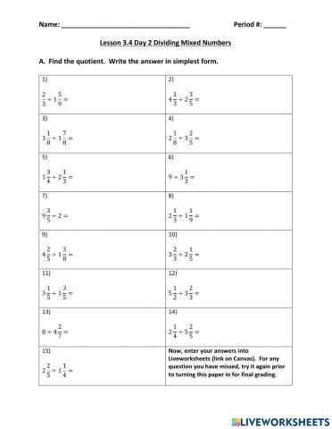 Lesson 3.4 Day 2 Dividing Mixed Numbers