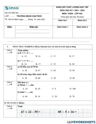 Khảo sát chất lượng học tập giữa hk1 - lớp 2 - môn toán