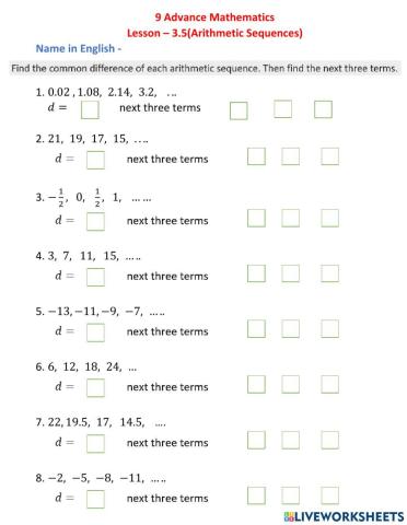 9 Advance Mathematics Lesson – 3.5(Arithmetic Sequences)
