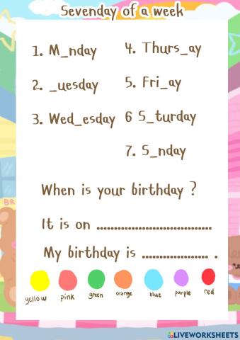 7 day of a week work sheet