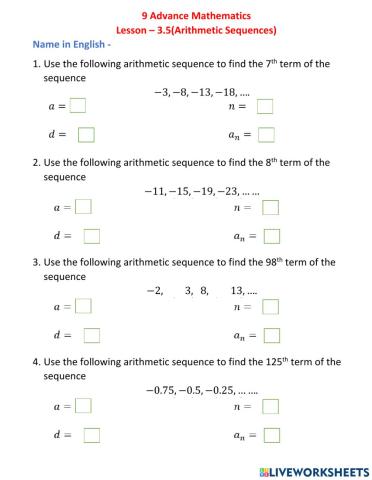 9 Advance Mathematics Lesson – 3.5(Arithmetic Sequences)