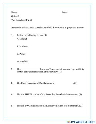 Quiz 3 - Executive Branch
