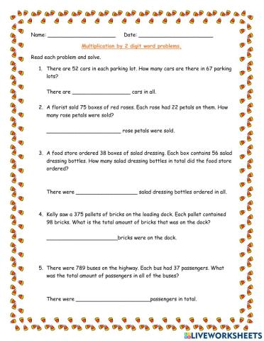 Multiplication By 2 Digit Word Problems