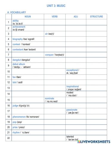 Unit 3: Music - Vocabulary building