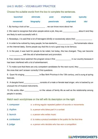 Unit 3: Music - Vocabulary practice