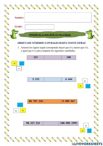Orden los números naturales hasta nueve cifras