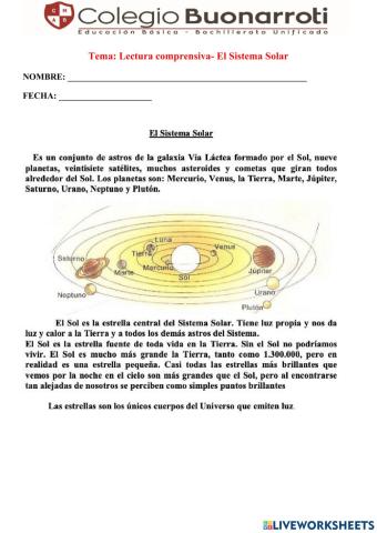 Lectura comprensiva- El Sistema Solar