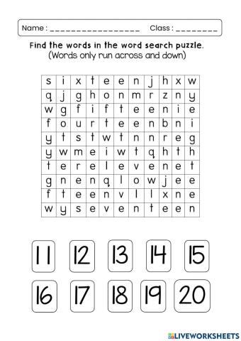 Wordsearch Numbers 11 to 20