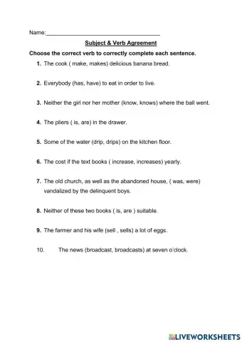 Subject & Verb Agreement Exercise