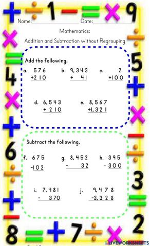 Addition And Subtraction Without Regrouping Up To Thousands