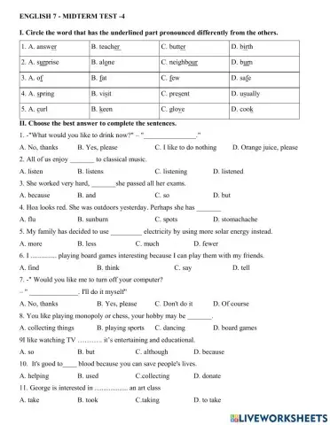 Midterm Test - First semester Grade 7