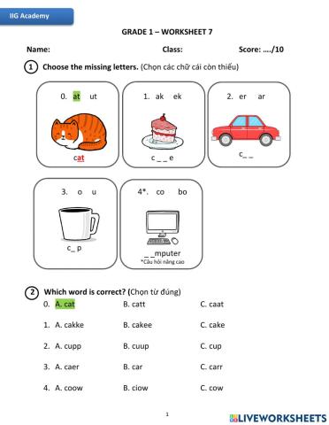 IIG-Grade 1-Worksheet 7