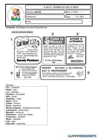 9° ANO-INGLÊS-READING- 20-10-21
