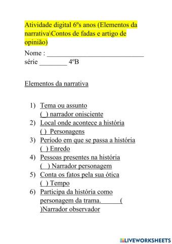 Atividade de elementos da narrativa
