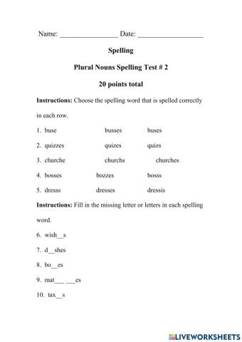 Plural Nouns Spelling Test