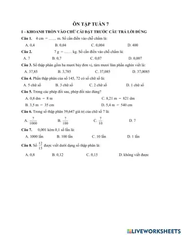 Phiếu ôn tập tuần 7 - lớp 5