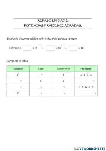 Repaso unidad 2: potencias y raíces cuadradas