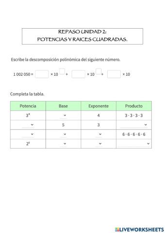Repaso unidad 2: potencias y raíces cuadradas