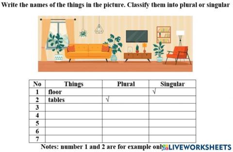 singular and plural nouns (things in living room)