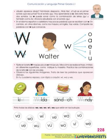 Comunicación y Lenguaje 1 L1 - Paso 2, p 228 - Aprendamos letra Ww