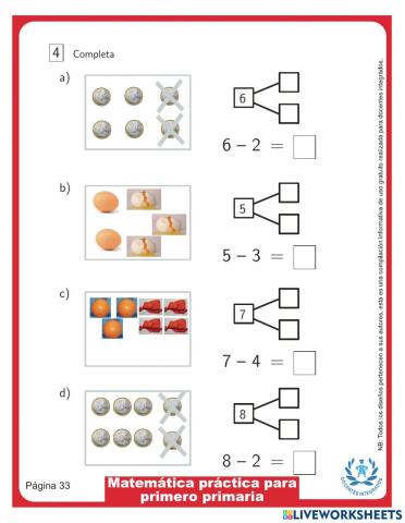 Matemática práctica para primero primaria p. 33 - Completa las restas