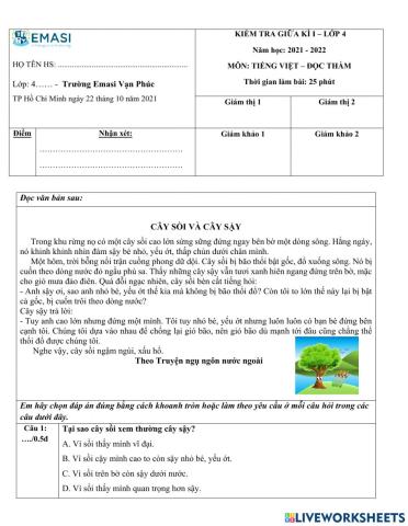 Đề đọc thầm giữa kì i