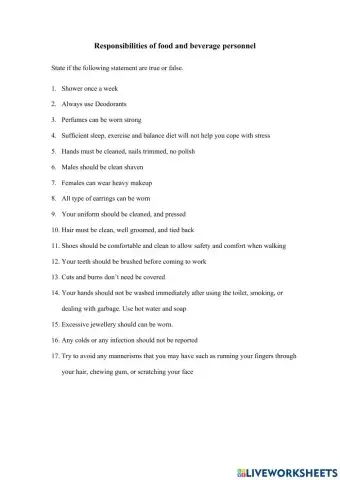 Responsibilities of food and beverage personnel