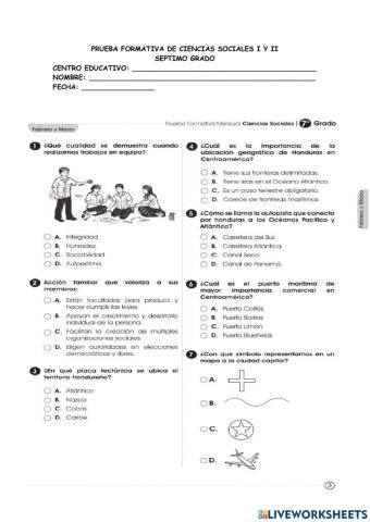 Prueba formativa SEPTIMO  GRADO  ciencias sociales febrero , marzo y abril