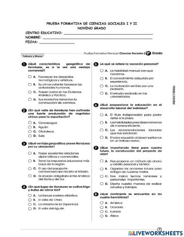 Prueba formativa de ciencias sociales Noveno
