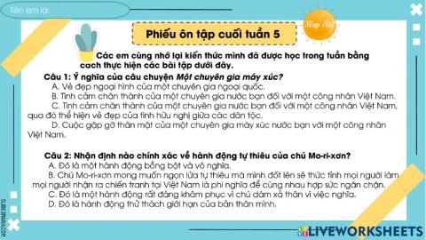 Phiếu bài ôn cuối tuần