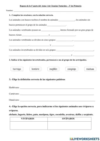 Repaso de Ciencias Naturales de 3º de Primaria