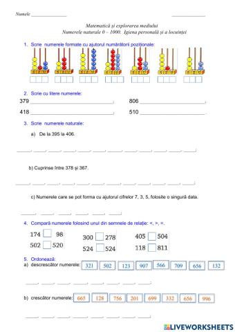 Evaluare sumativa. Numerele naturale de la 0 la 1 000