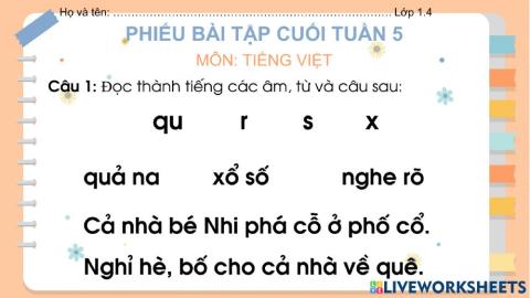Phiếu bài tập cuối tuần 5 - lớp 1