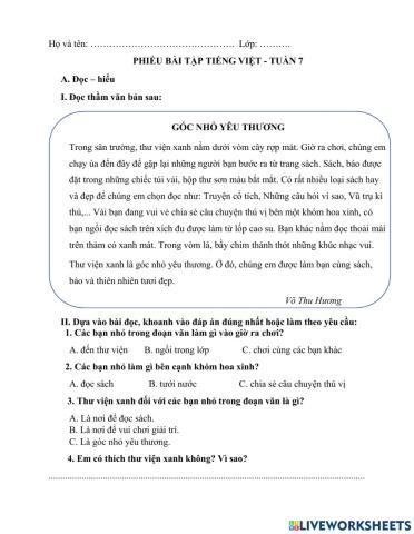 Phiếu Tiếng Việt cuối tuần 7