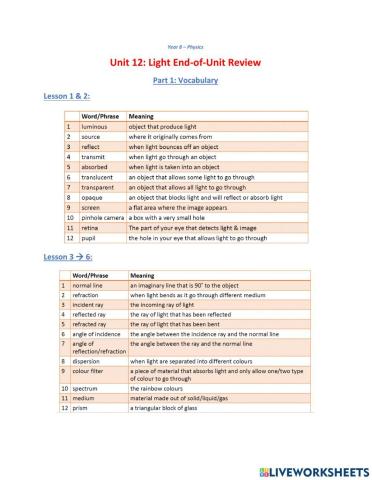 Y8 - U12 Light - End-of-unit Worksheet