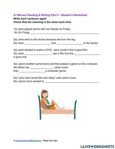 A1 Movers Reading & Writing Part 5 – Student’s Worksheet