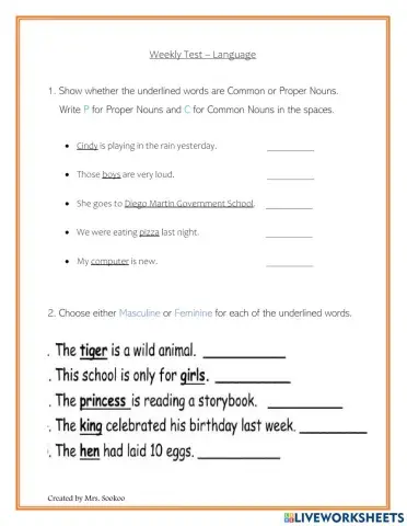 Weekly Test Language 22nd Oct