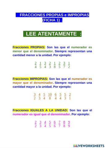 FRACCIONES PROPIAS, IMPROPIAS e IGUALES A 1