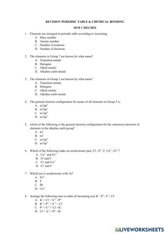 Revision periodic table & chemical bonding
