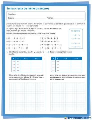 SUMA Y RESTA DE NUMEROS ENTEROS