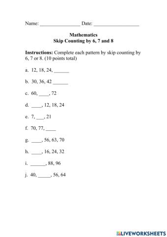 Skip Counting by 6 7 and 8