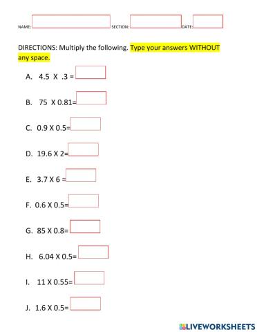 Multiplication of decimals