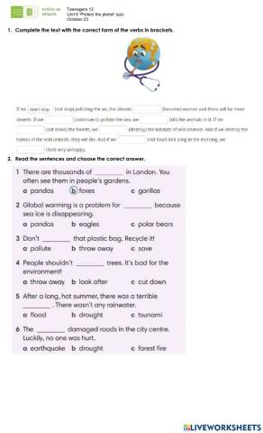 Environment, first conditional, verbs + to infinitive or -ing