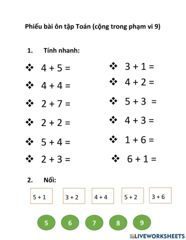 Bài ôn tập cộng phạm vi 9