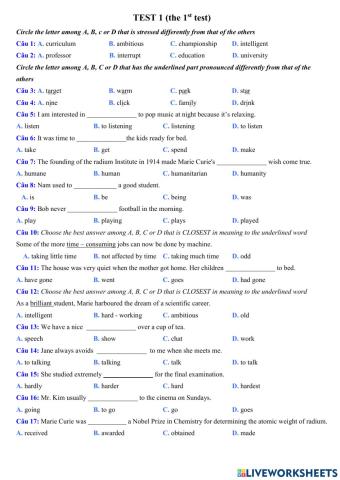 Test 1 - the 1st test - lớp 10 ct cũ