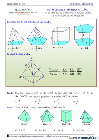 Hình học 12 - Đề ôn tập Chương 1 - Lần 3